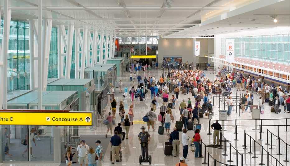 overhead view of the inside of a busy airport