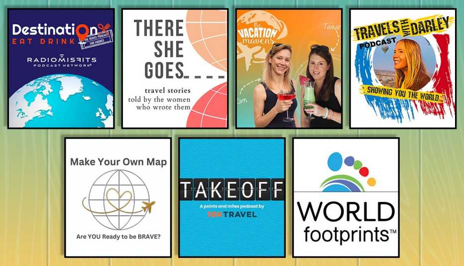 from left to right top to bottom travel podcasts destination eat drink then there she goes then the vacation mavens then travels with darley then make your own map then takeoff then world footprints