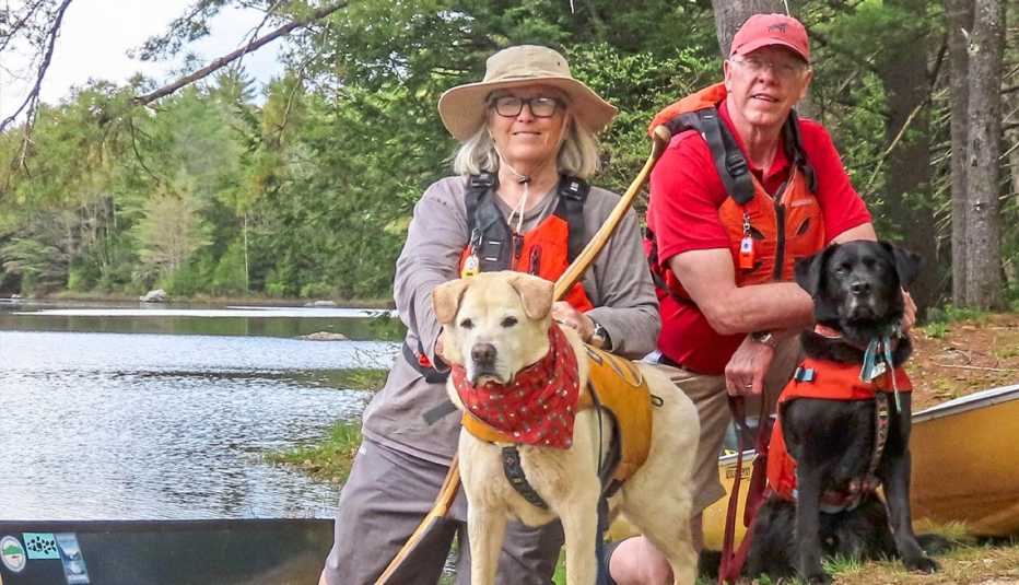 sheila and duncan goss visit danbury bog in new hampshire with their dogs gryphon and edgar