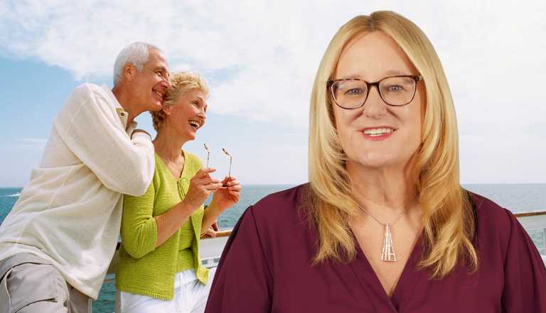 a split image of a couple smiling on a cruise ship and a cruise expert talking