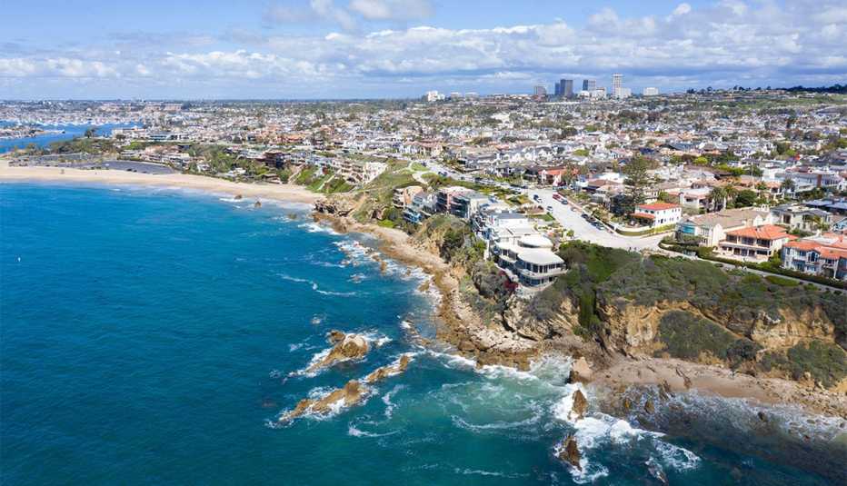 Aerial views above beautiful coastal Corona del Mar in Newport Beach