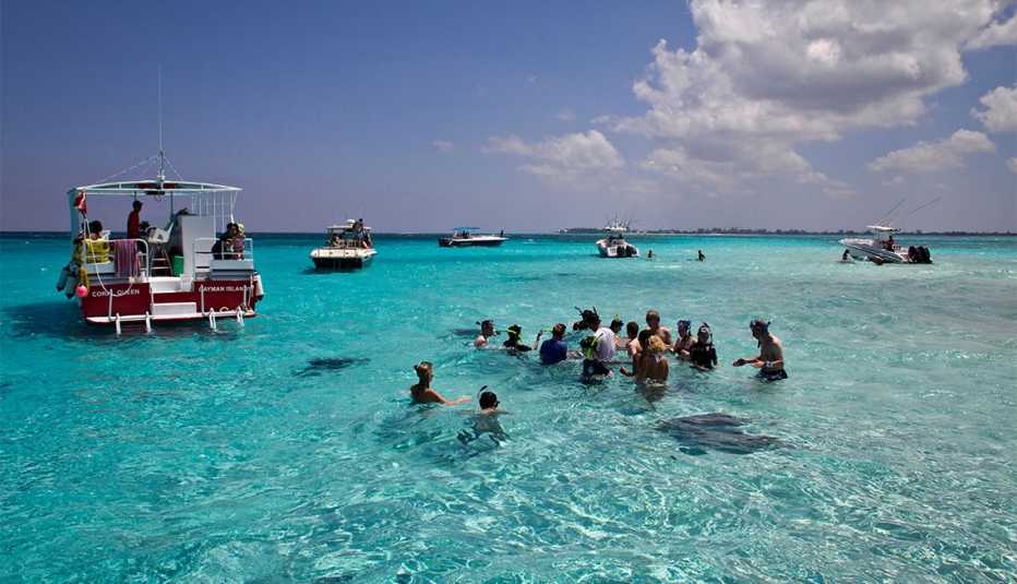 People interact with the stingrays at Stingray City, Cayman Islands People interact with the stingrays at Stingray City, Cayman Islands