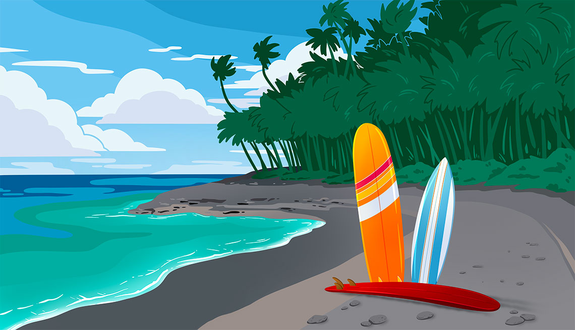 a graphic of two surf boards in the sand on a beach in Hawaii.