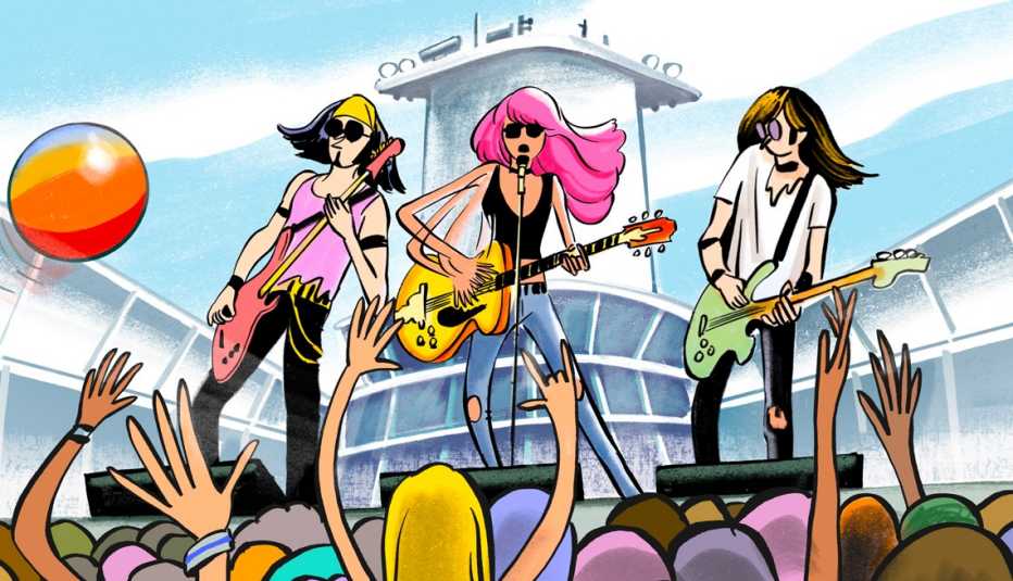a band playing on a cruise ship while people cheer for them