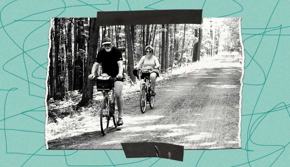 teal border with squiggly lines surrounds a black and white image of a man and woman riding bicycles on black diamond trail lined with trees teal border with squiggly lines surrounds a black and white image of a man and woman riding bicycles on black diamond trail lined with trees