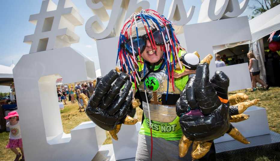 a woman wearing duck tape crafts at the duck tape festival in avon ohio