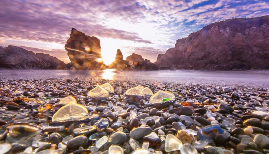 a winter sunset over glass beach in fort bragg california