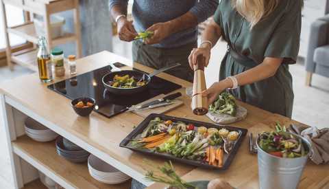 Couple preparing delicious vegetable meal freshly harvested from garden