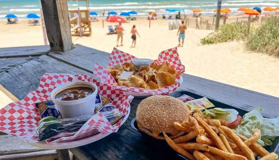 three plates of food on a table at Wanna Wanna Inn Beach Bar & Grill on South Padre Island