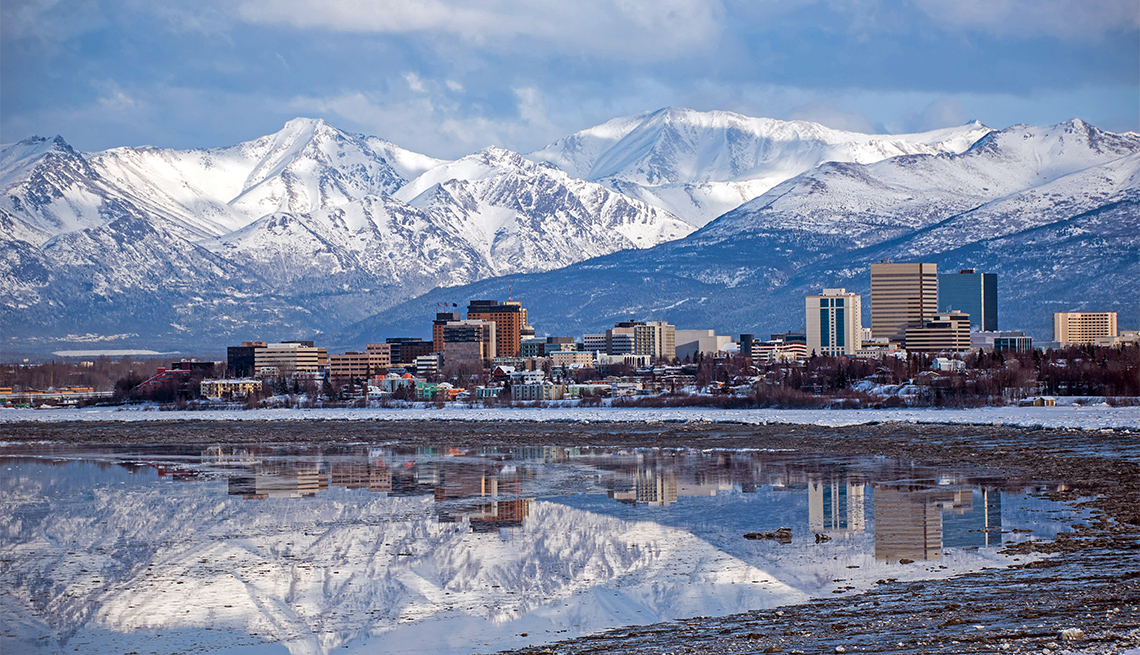 Anchorage, Alaska skyline with a winter reflection