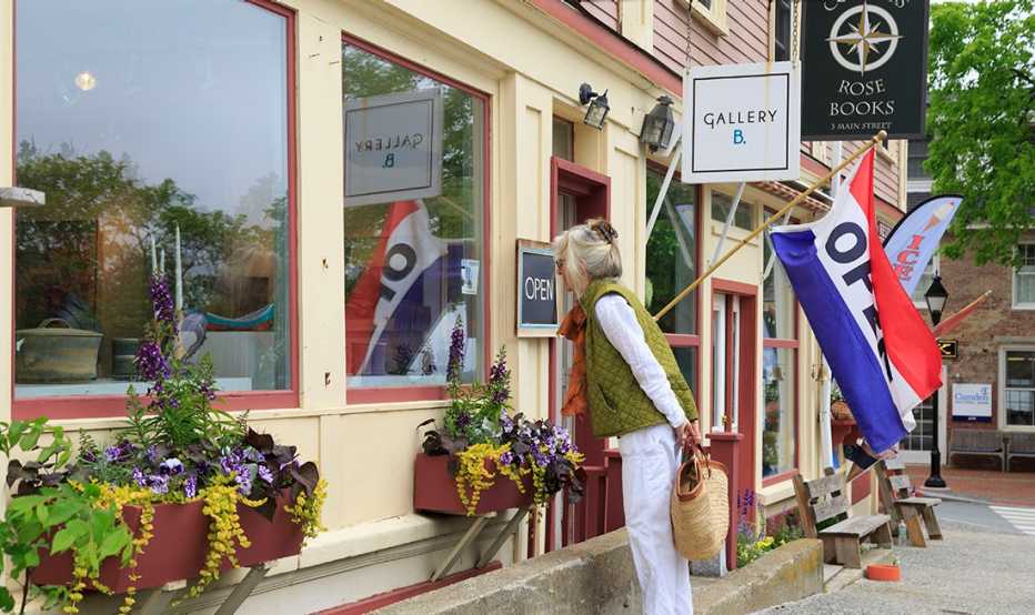 Main Street shops and shoppers in a small 