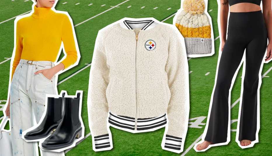 AQUA Cashmere Turtleneck Cashmere Sweater in Sunflower; Zara Metal Trim Block Heel Ankle Boots; Pittsburgh Steelers Women’s New Era Full Zip Varsity Sherpa; Smartwool Isto Retro Beanie in Honey Gold; Athleta Salutation Stash Flare Pant