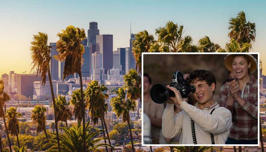 palm trees in front of downtown los angeles california inset gabriel labelle as samy fabelman in the fabelmans