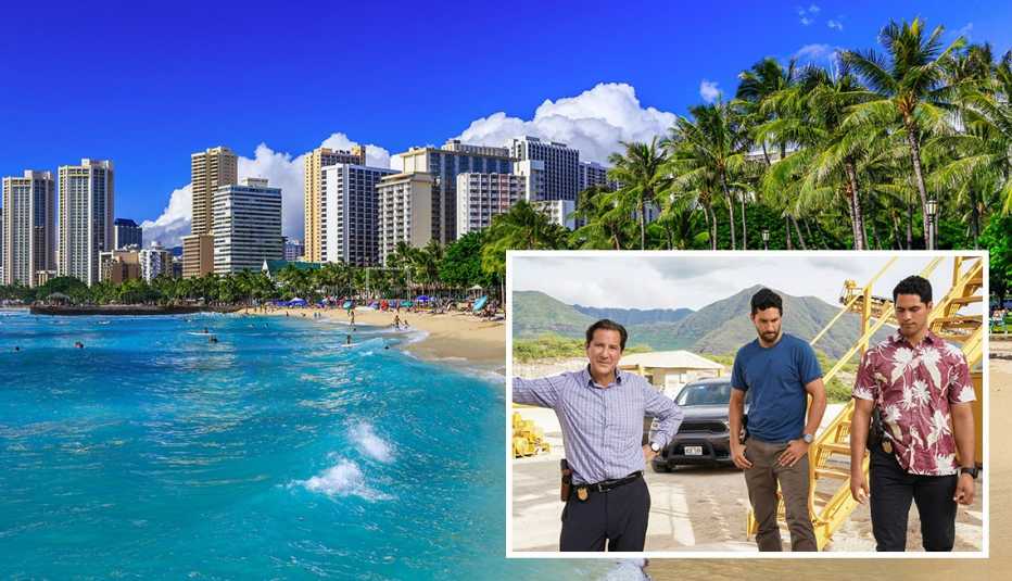 waikiki beach on oahu in hawaii inset actors henry ian cusick and noah mills and alex tarrant in n c i s hawaii
