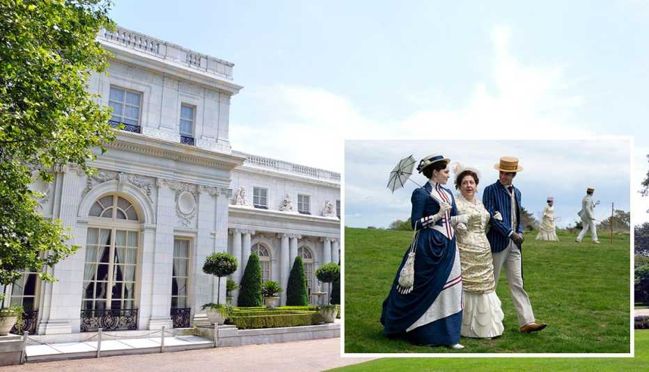 the rosecliff mansion in newport rhode island inset actors amy forsyth ashlie atkinson and harry richardson in the gilded age