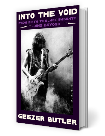 book cover with geezer butler playing bass, surrounded by fog, and words into the void, from birth to black sabbath and beyond, geezer butler book cover with geezer butler playing bass, surrounded by fog, and words into the void, from birth to black sabbath and beyond, geezer butler