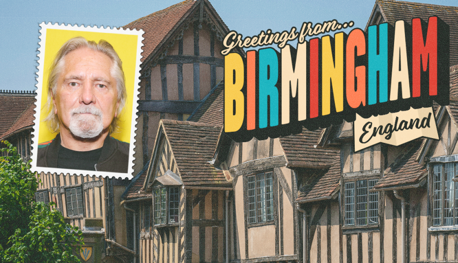 building as background; photo of geezer butler in upper left corner; the words greetings from birmingham england in upper right corner building as background; photo of geezer butler in upper left corner; the words greetings from birmingham england in upper right corner