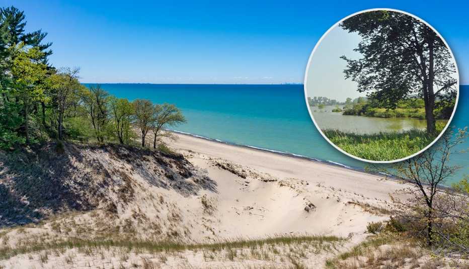 Lake with sand dunes and trees; inset photo of marsh and tree