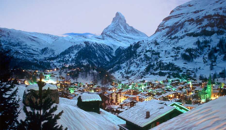 View over the resort towards the Matterhorn at dusk, Zermatt, Switzerland