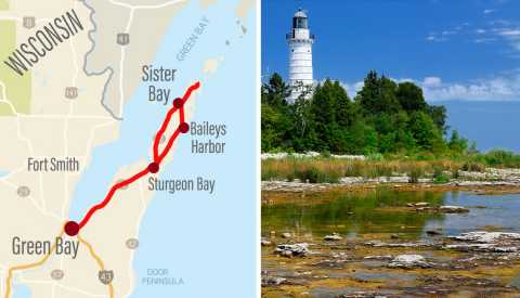 Road map of Door County peninsula in Wisconsin with a road trip route highlighted, and the Cana Island Lighthouse near Baileys Harbor Road map of Door County peninsula in Wisconsin with a road trip route highlighted, and the Cana Island Lighthouse near Baileys Harbor