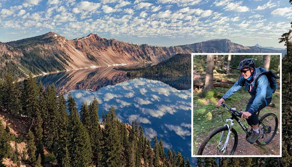 a view of the caldera rim of crater lake national park in oregon inset writer crai s bower bicycling a view of the caldera rim of crater lake national park in oregon inset writer crai s bower bicycling