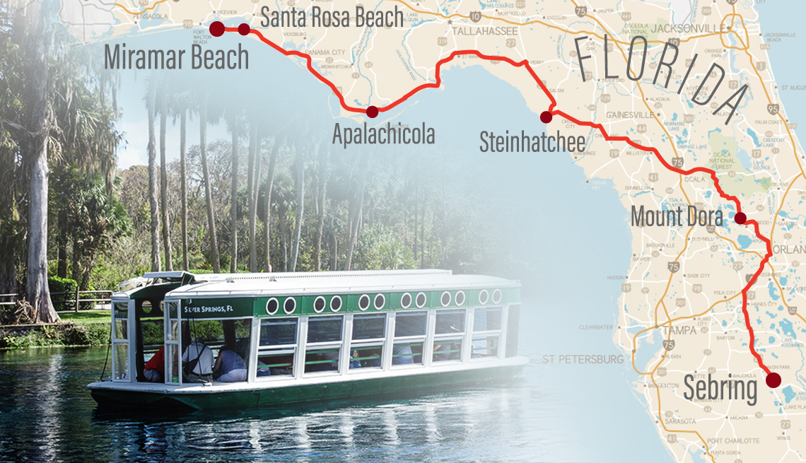 partial map of florida with a road trip route and city stops highlighted collaged with a photo of a glass bottomed tour boat on a florida lake