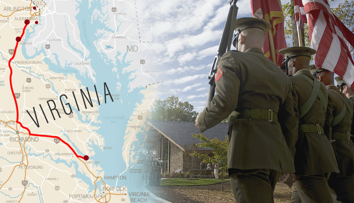 collage of a road map of virginia with sites marked on it and a scene of u s marines at the marine corps museum