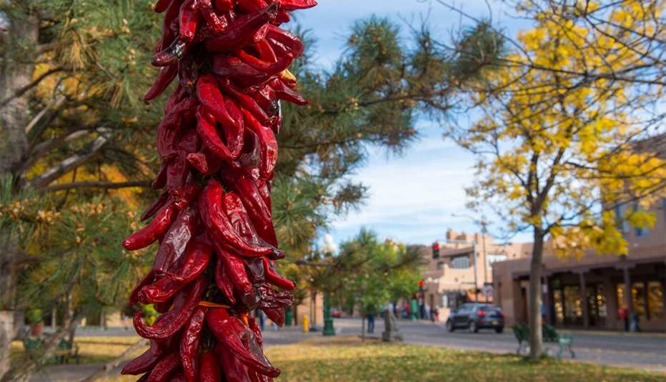 The lampposts at the Santa Fe Plaza, which is a National Historic Landmark in downtown Santa Fe
