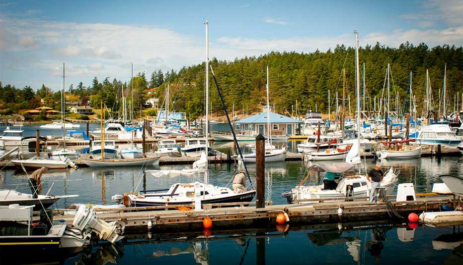 Yachts and motor boats moored at jetties in the marina of Friday Harbor on San Juan Island