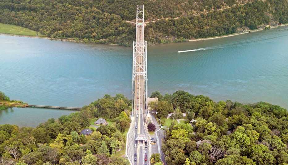 an aerial view of bear mountain bridge in new york