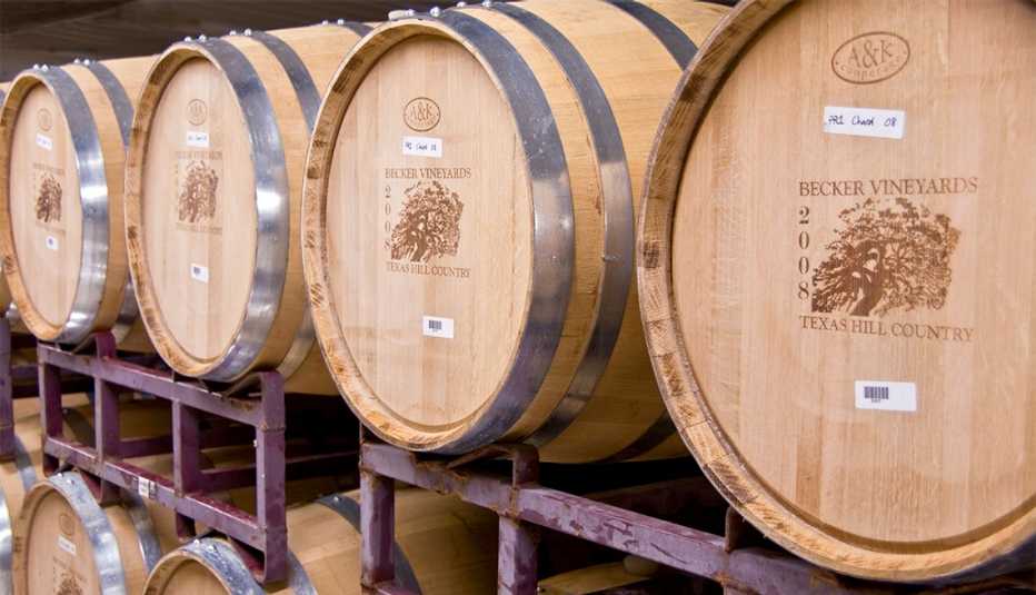 Becker Vineyards oak aging barrels at Texas Hill Country