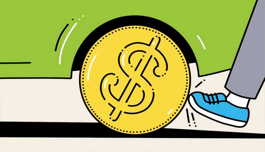 illustration of a foot kicking a car tire that looks like a gold coin with a dollar sign on it