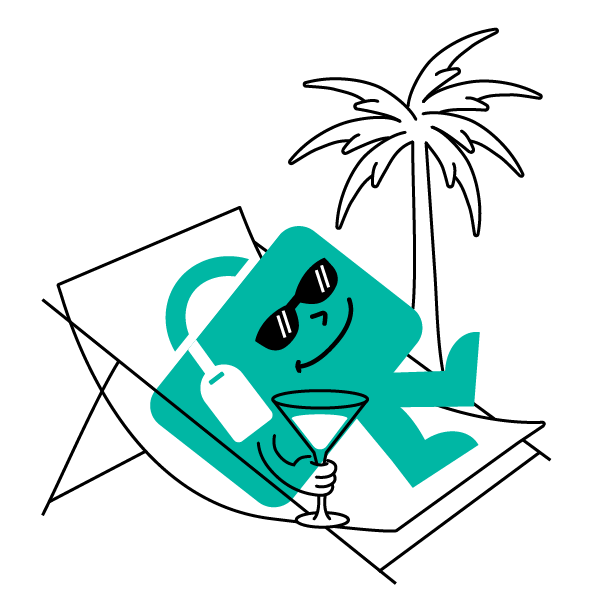 Luggy the mascot on a beach chair holding a martini