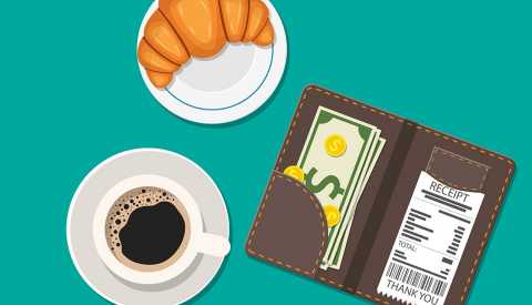 Cup of coffee, dessert on plate. opened bill holder with restaurant check and cash money, top view. Customers payment for cafe service Cup of coffee, dessert on plate. opened bill holder with restaurant check and cash money, top view. Customers payment for cafe service