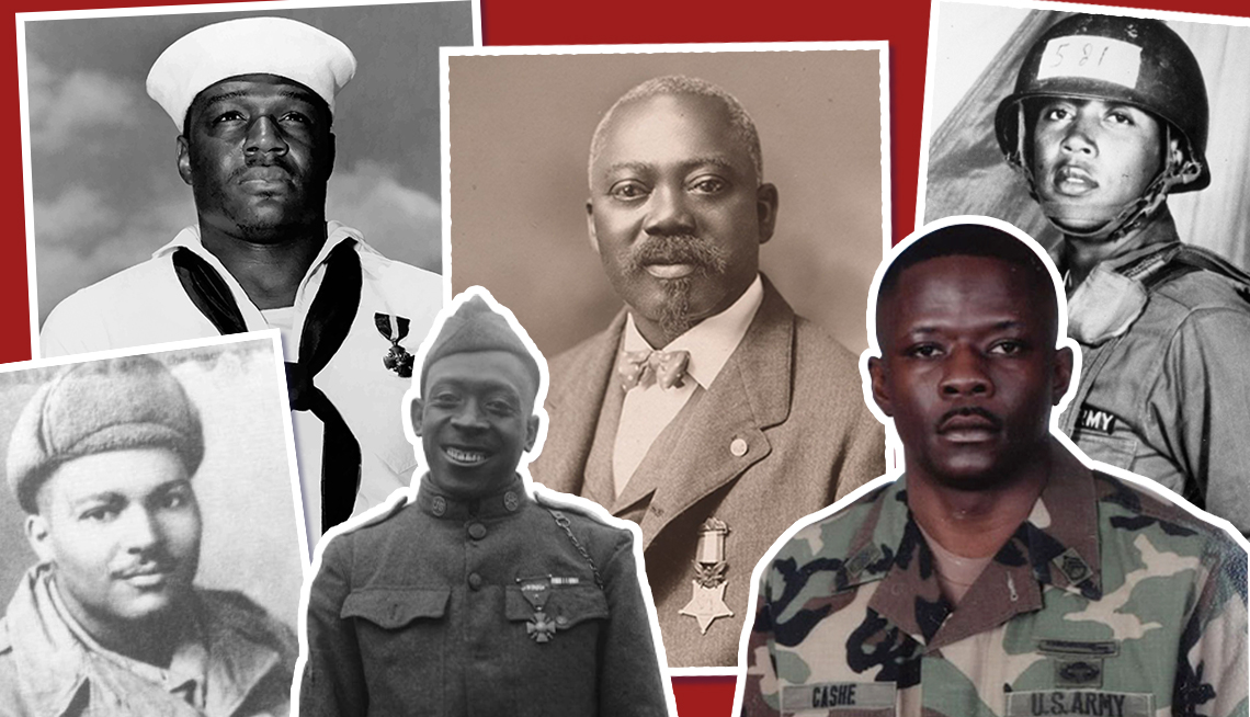 Left to Right: Cornelius H. Charlton; Dorie Miler; Sergeant Henry Johnson; Sergeant William H. Carney; Alwyn Cashe; Milton Olive III