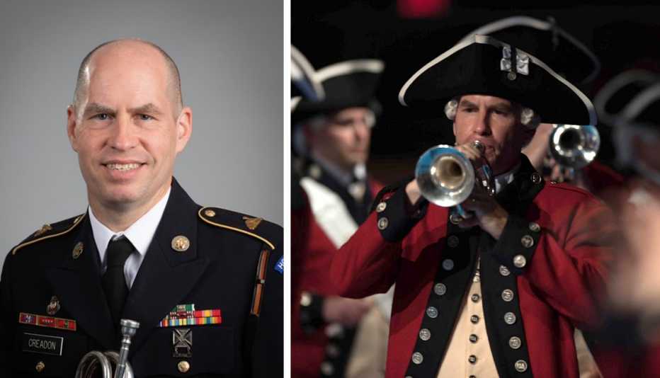 two images of sgt first class michael creadon one in army dress uniform and the other in period uniform playing the bugle