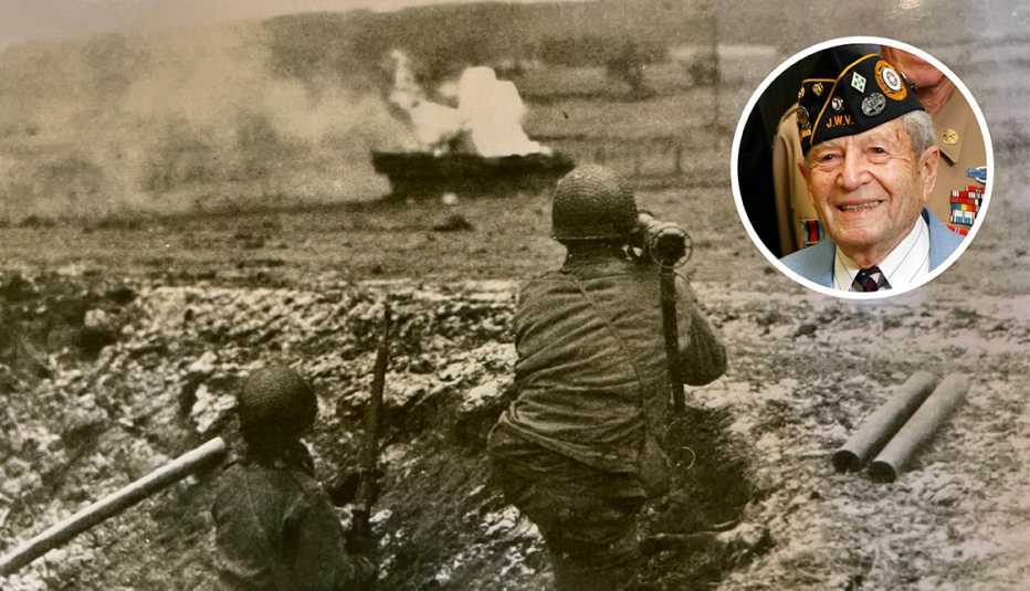A current photo of Joe Pietroforte inset into a historical image from the battlefield