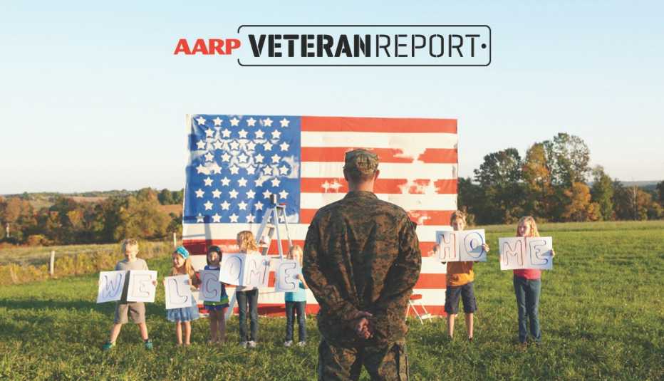 people hold up a welcome home sign as someone from the military stands before an american flag. the words aarp veteran report appear above the flag people hold up a welcome home sign as someone from the military stands before an american flag. the words aarp veteran report appear above the flag