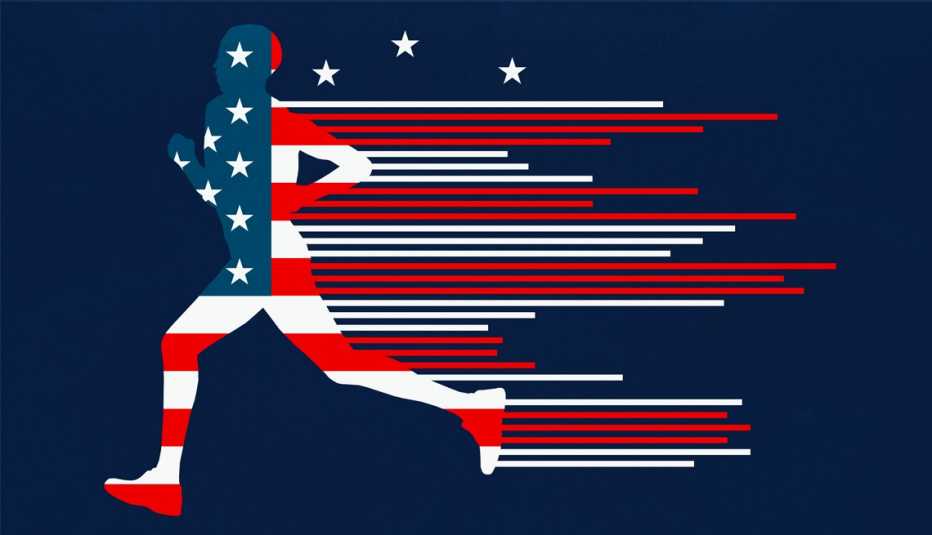 an illustration of someone running with the colors red white and blue