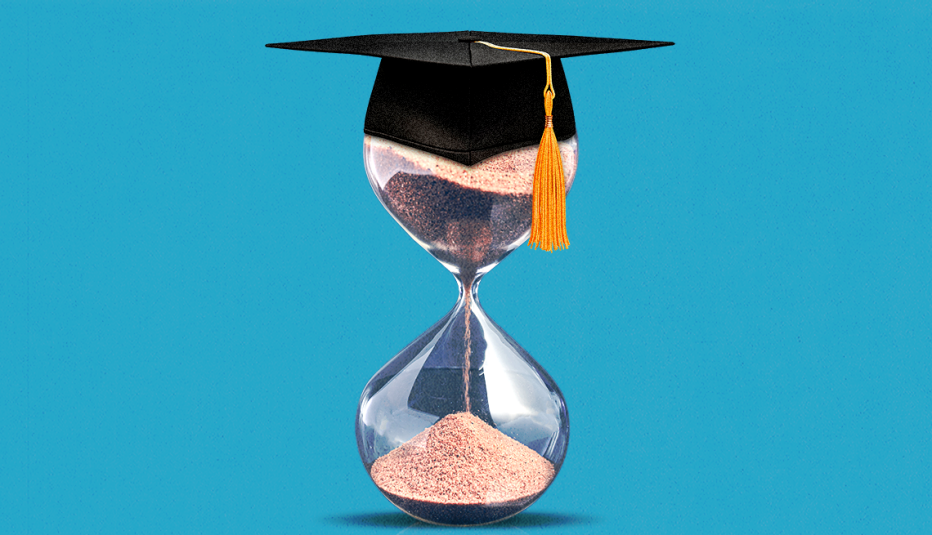 an hourglass wearing a graduation cap on a blue field