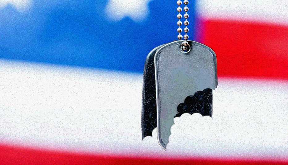 Veterans Fraud losses are huge dog tags on chain near american flag on blurred background the tags have bites taken out of them