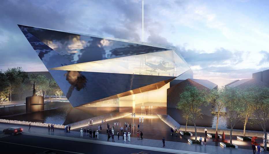 a photo illustration shows a futuristic building with reflective panels in triangle shapes.