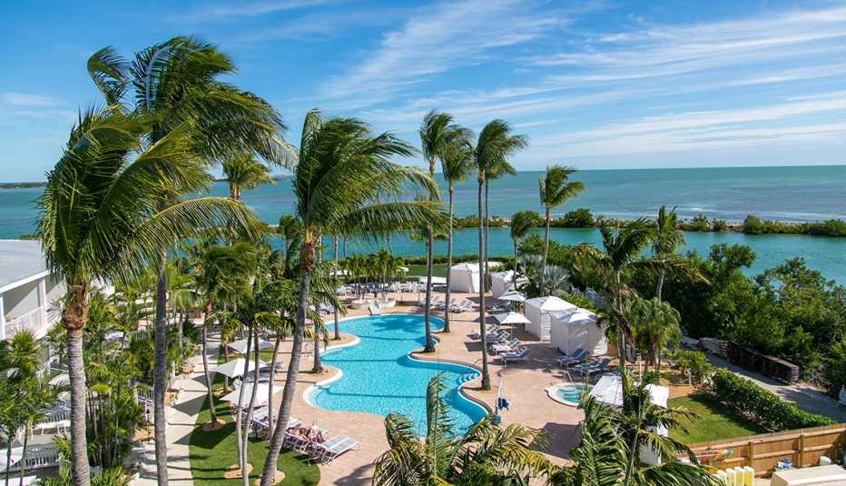 Every year, Hawks Cay Resort in the Florida Keys offers veterans discounted room rates. palm trees blow in the wind and surround a pool at hawks cay resort in the florida keys
