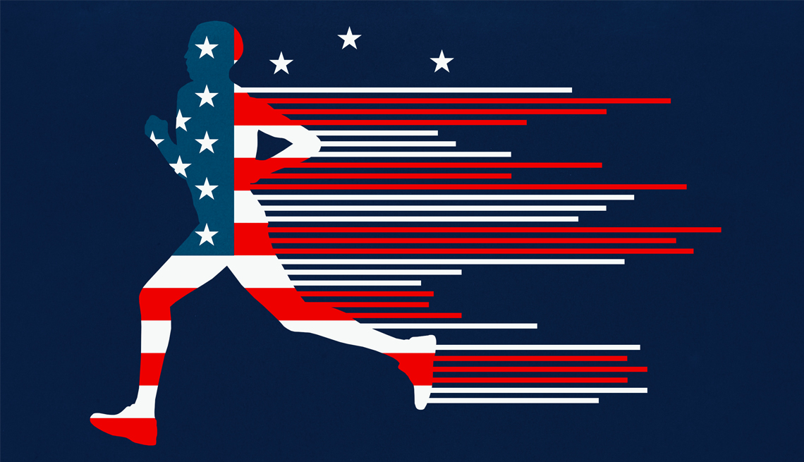 an illustration of someone running with the colors red white and blue