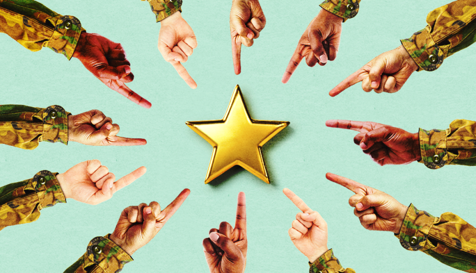 a dozen hands surround and point at a star