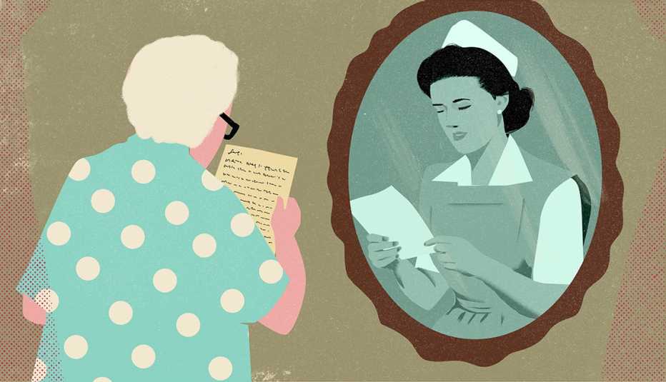 an older woman read a letter in front of a mirror with the image of a younger woman