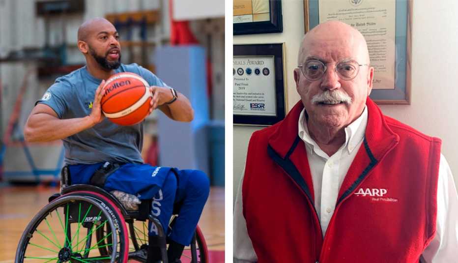 left retired u s army specialist brent garlic throws a basketball right a portrait of a a r p volunteer paul frost