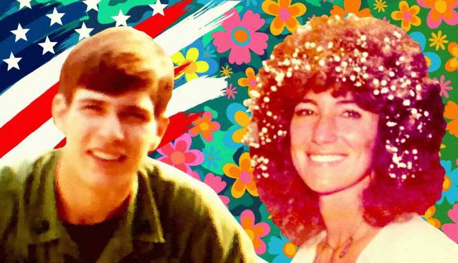 a man and woman in a photo with a flag and flowers behind them