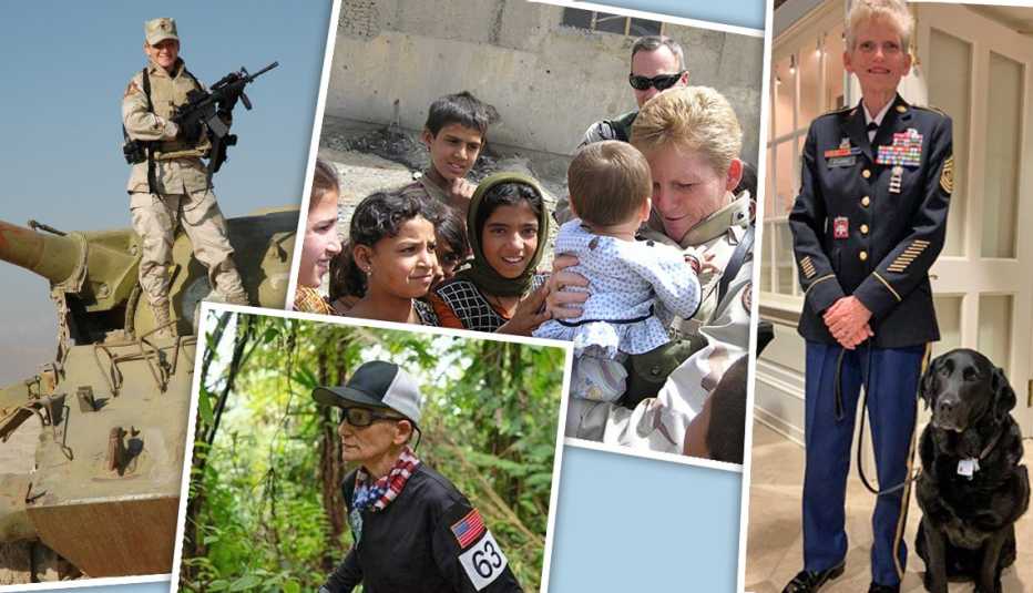 collage of images of gretchen evans throughout her life two image from her military service in afghanistan one with her service dog wearing full dress uniform and a recent one of her running in a race