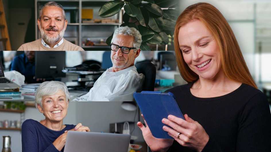 a photo collage shows a woman in the foreground smiling as she uses a tablet device. Also in the frame are images of three other older adults smiling 